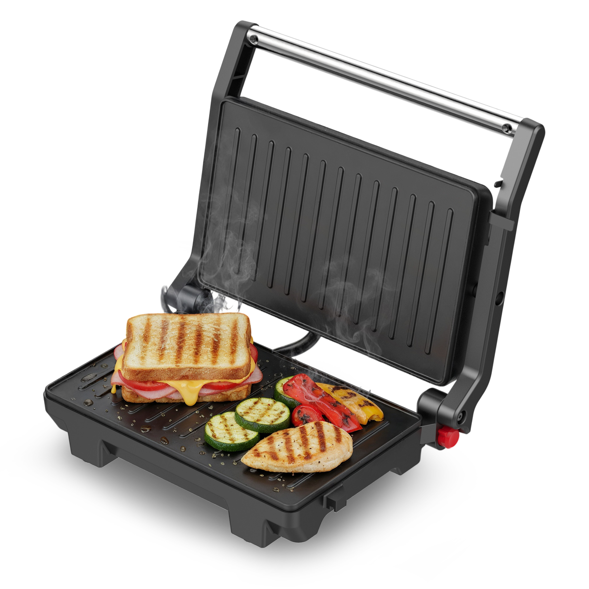 PLANCHA GRILL & SANDWICHERA PANINI PRESS - 2 REBANADAS - PLACA GRILL-180º APERTURA -1000W - Imagen 2