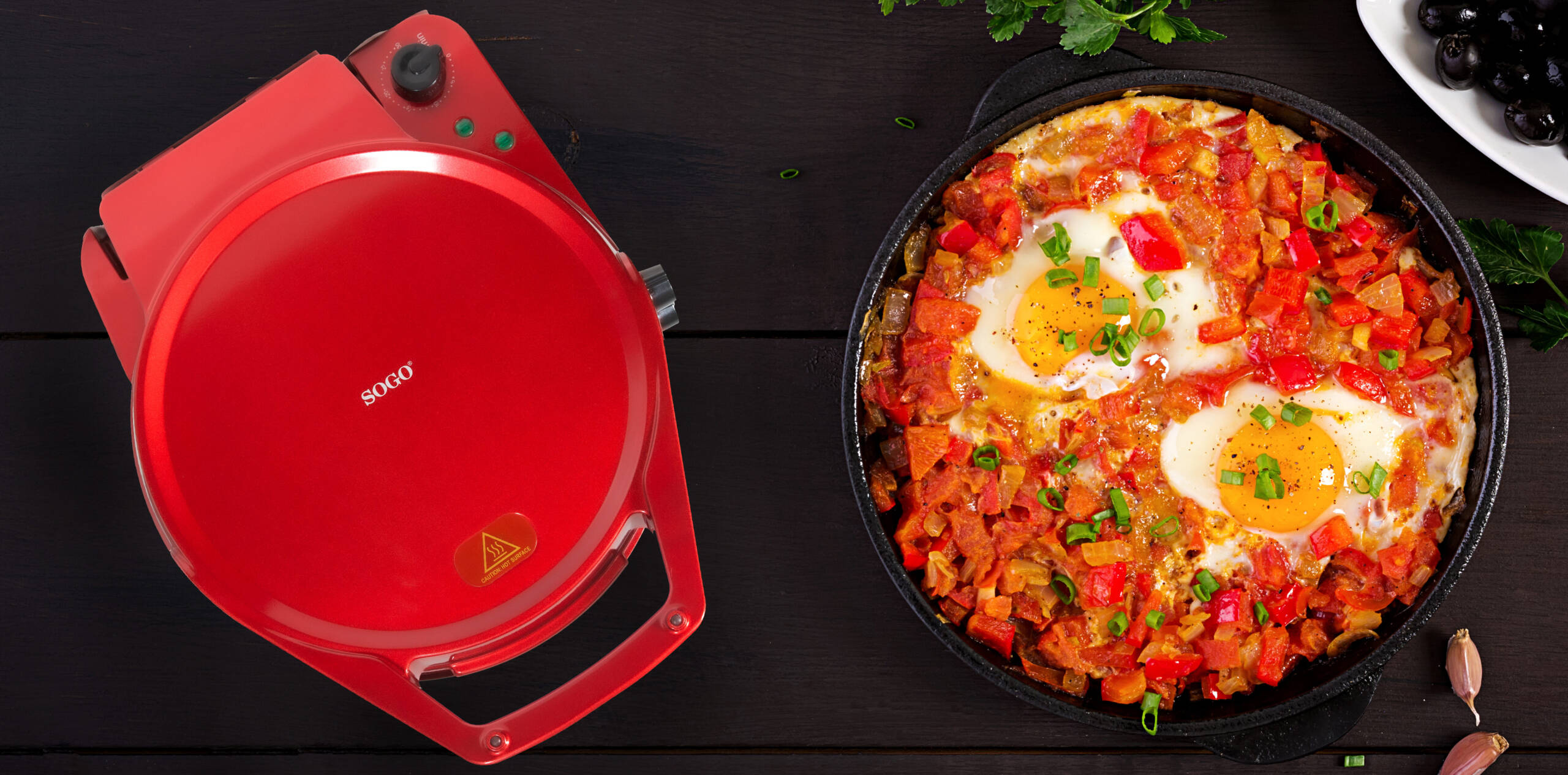 Turkish Breakfast shakshuka. Fried eggs. Brunch. Banner. Top