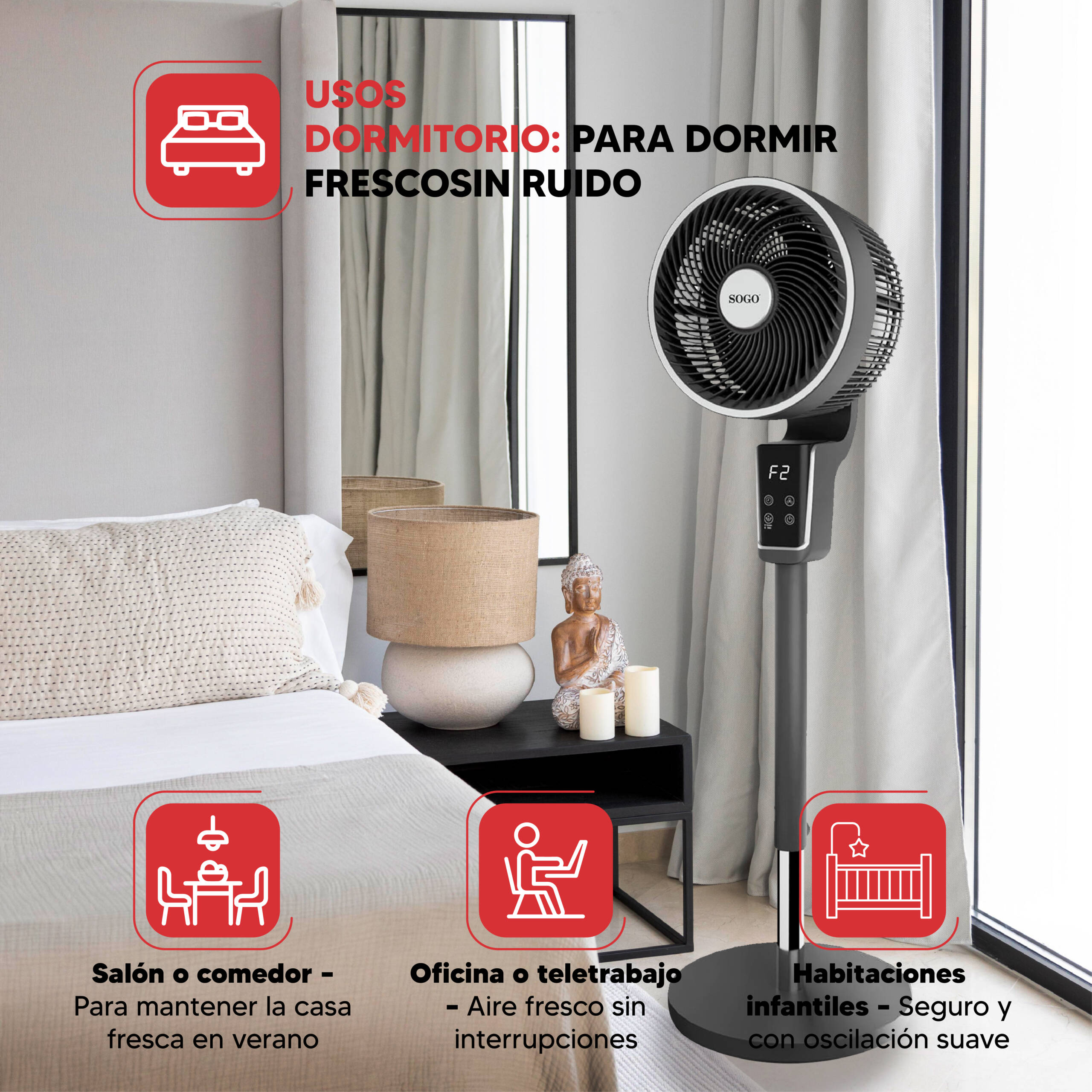 SOGO VENTILADOR 5 ASPAS BASE RDO. CON MANDO 12" (30)CM 60W - Imagen 12