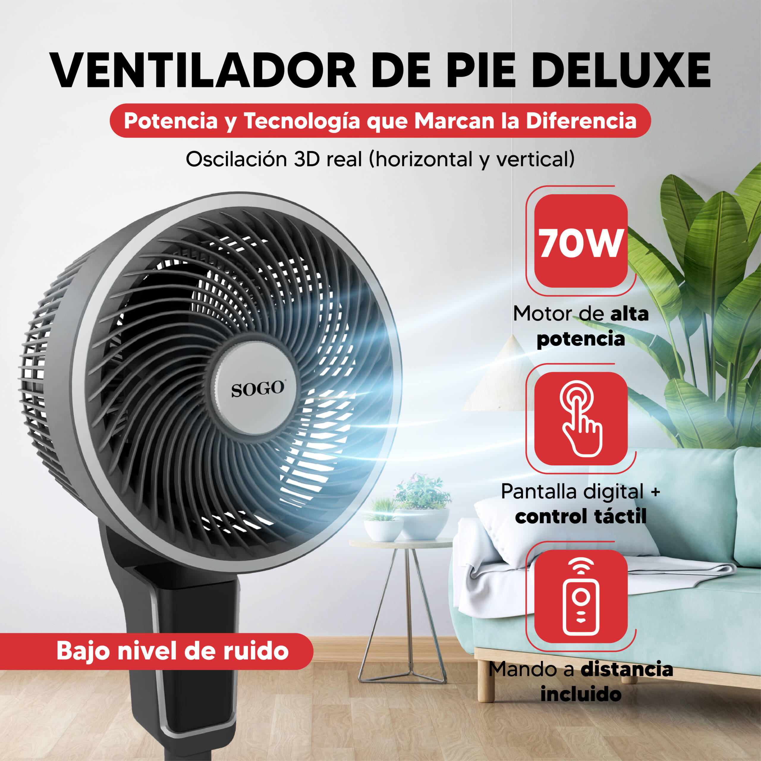 SOGO VENTILADOR 5 ASPAS BASE RDO. CON MANDO 12" (30)CM 60W - Imagen 15